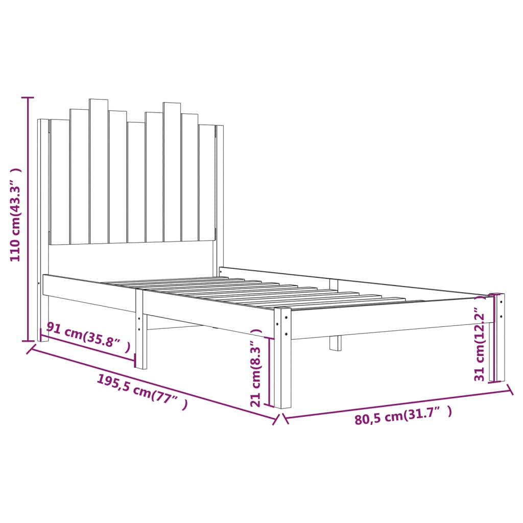 vidaXL Cadre de lit Blanc Bois de pin massif 75x190 cm Petit simple