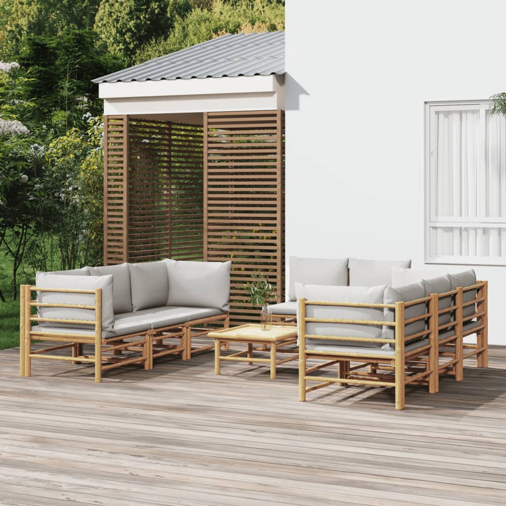vidaXL Salon de jardin 9 pcs avec coussins gris clair bambou