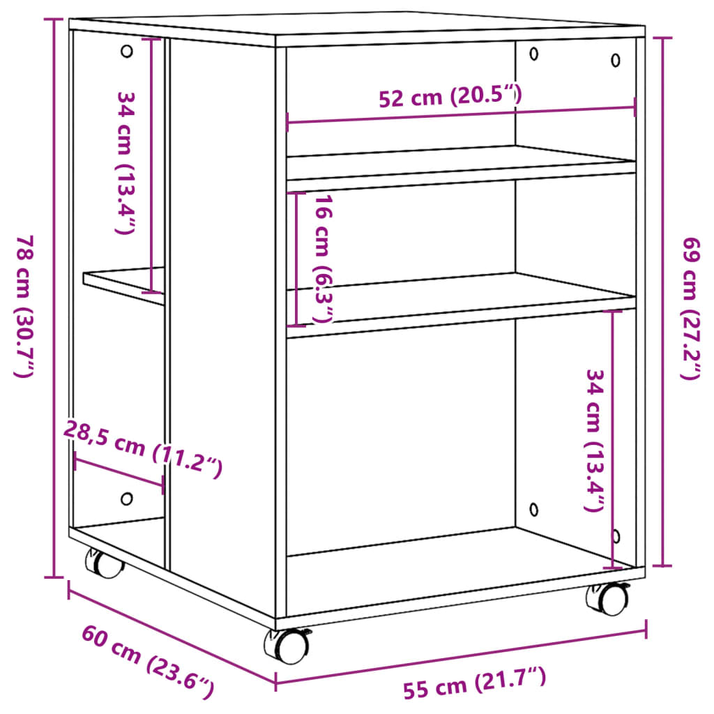 vidaXL Table d'appoint avec roues gris béton bois d'ingénierie