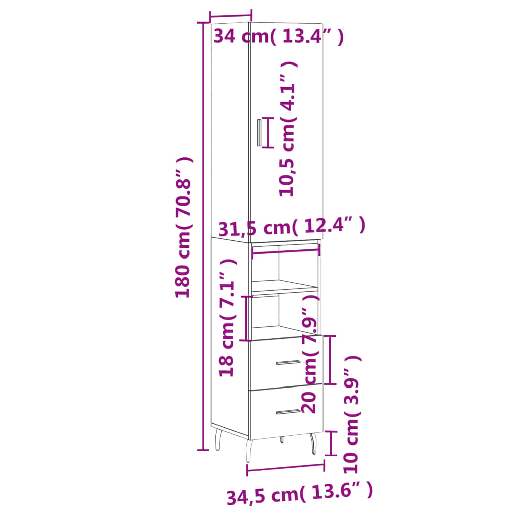 vidaXL Buffet haut Chêne fumé 34,5x34x180 cm Bois d'ingénierie