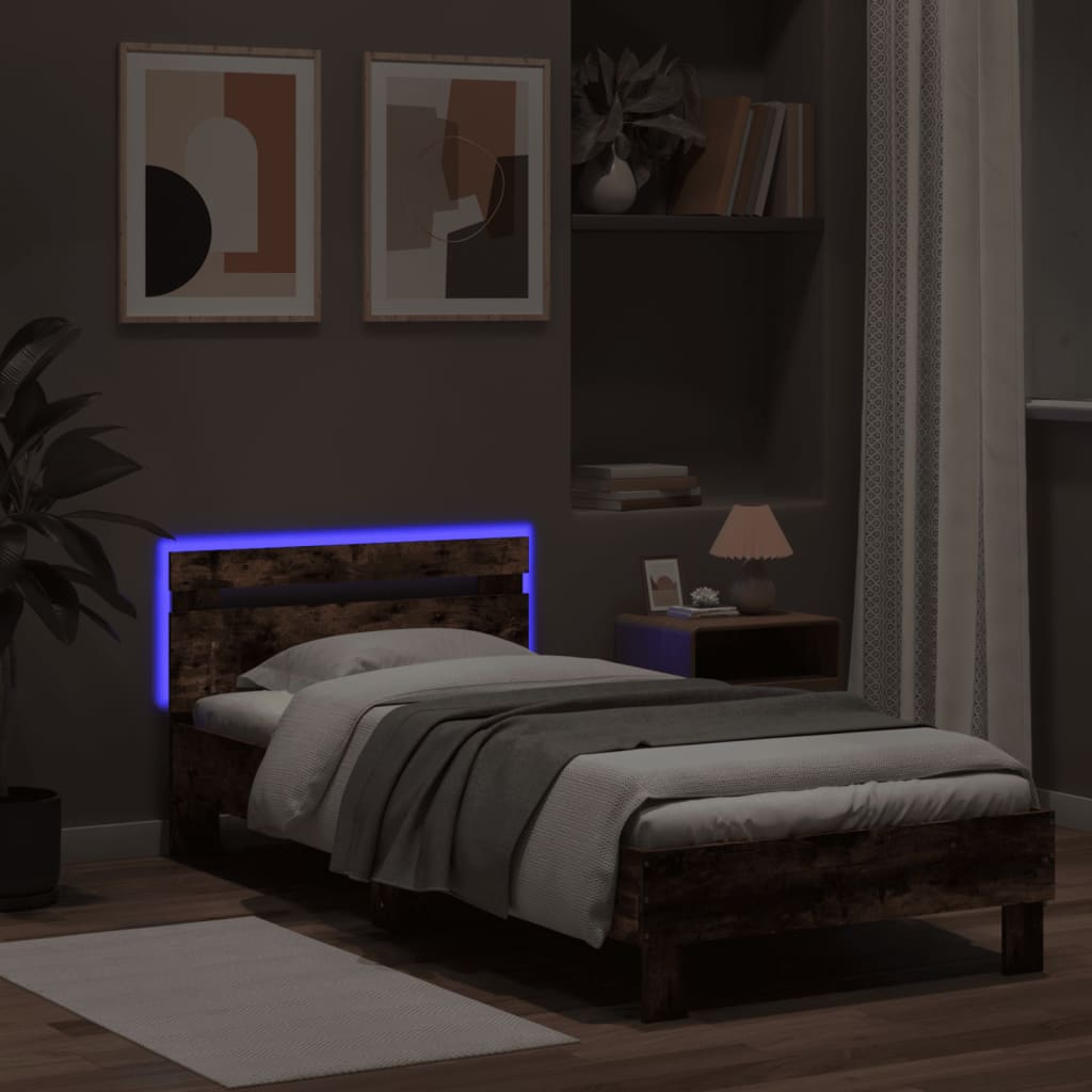 vidaXL Cadre de lit tête de lit et lumières LED chêne fumé 75x190 cm