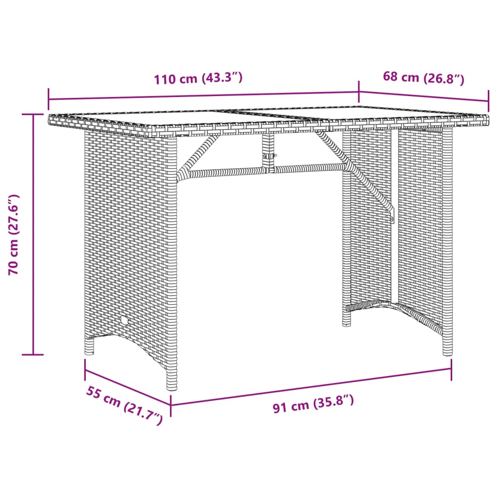 vidaXL Table de jardin avec dessus en verre marron 110x68x70 cm rotin