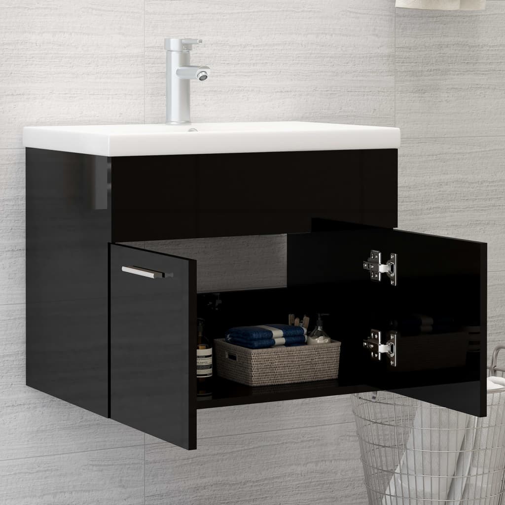 vidaXL Armoire d'évier avec lavabo intégré Noir brillant Aggloméré