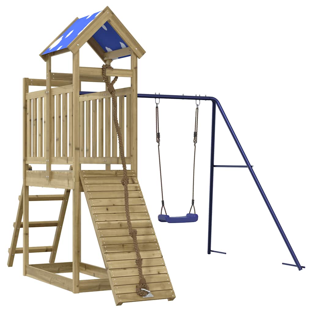 Aire De Jeux Extérieur VidaXL En Bois De Pin Imprégné – Tour Avec Toboggan, Balançoire Double, échelle Et Bac à Sable – 313x304x215 Cm
