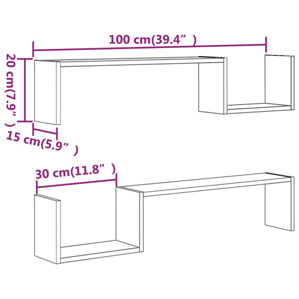 vidaXL Étagères murales 2pcs Sonoma gris 100x15x20cm Bois d’ingénierie