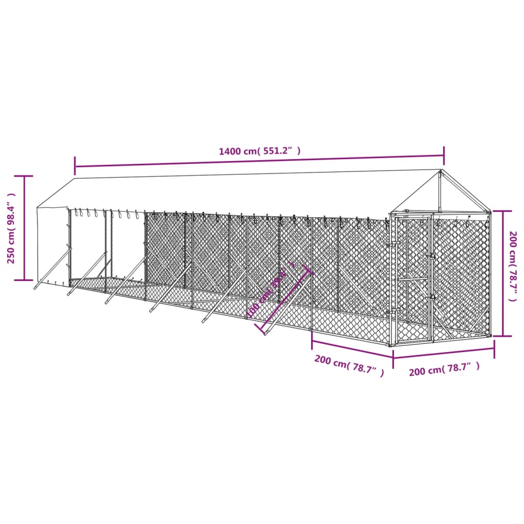 vidaXL Chenil d'extérieur pour chiens avec toit argenté 2x14x2,5 m