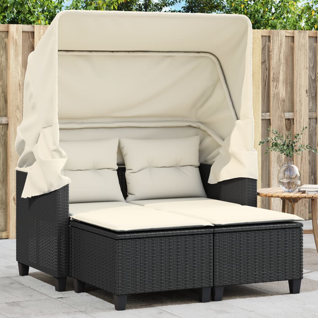 vidaXL Canapé de jardin 2 places avec auvent et tabourets noir rotin