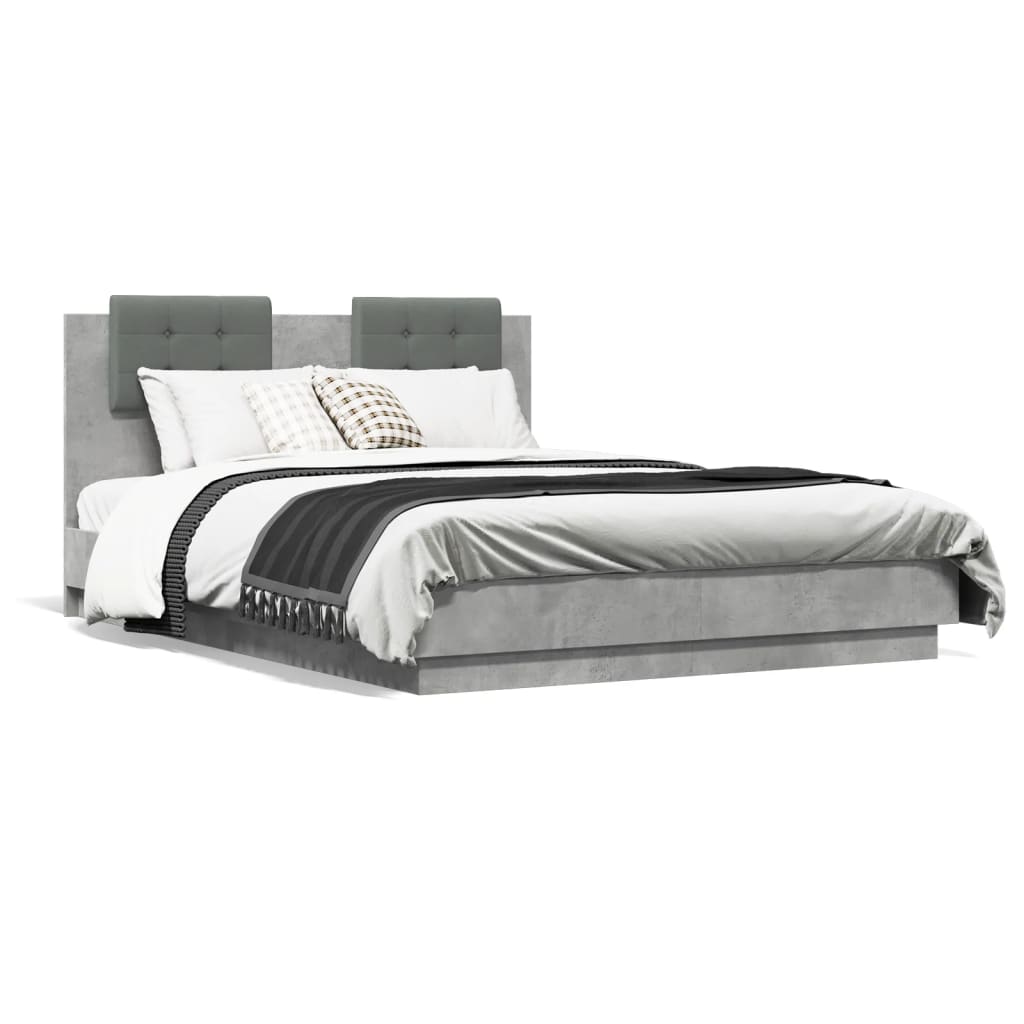 vidaXL Cadre de lit tête de lit et lumières LED gris béton 120x190 cm
