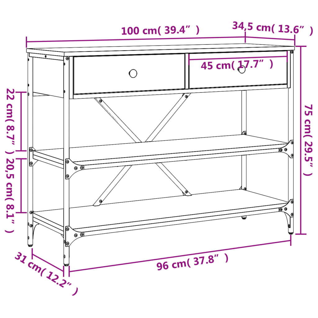 vidaXL Table console avec tiroirs et étagères chêne fumé