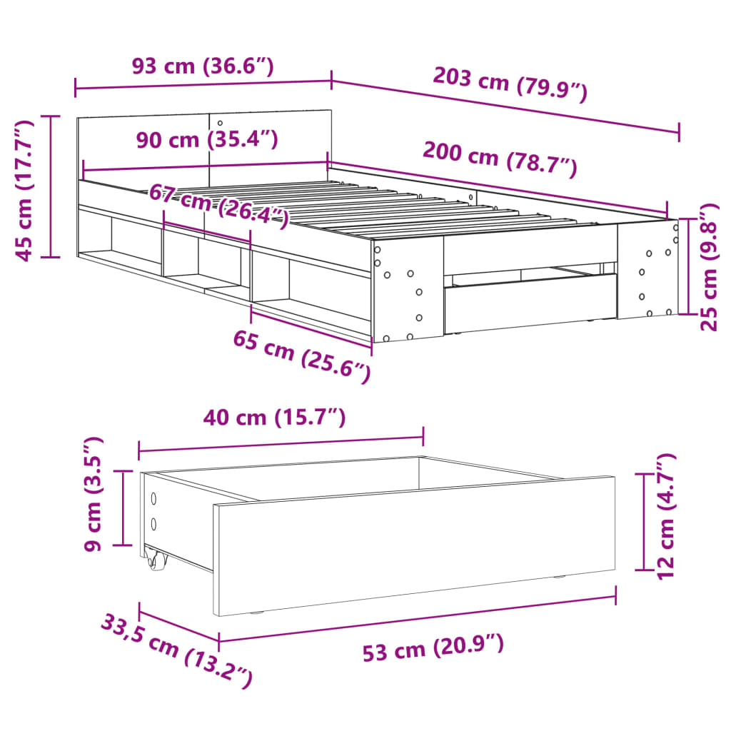 vidaXL Cadre de lit et tiroir chêne sonoma 90x200 cm bois d'ingénierie