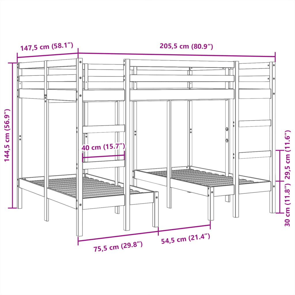 vidaXL Lit superposé triple blanc 140x200/70x140 cm bois de pin massif