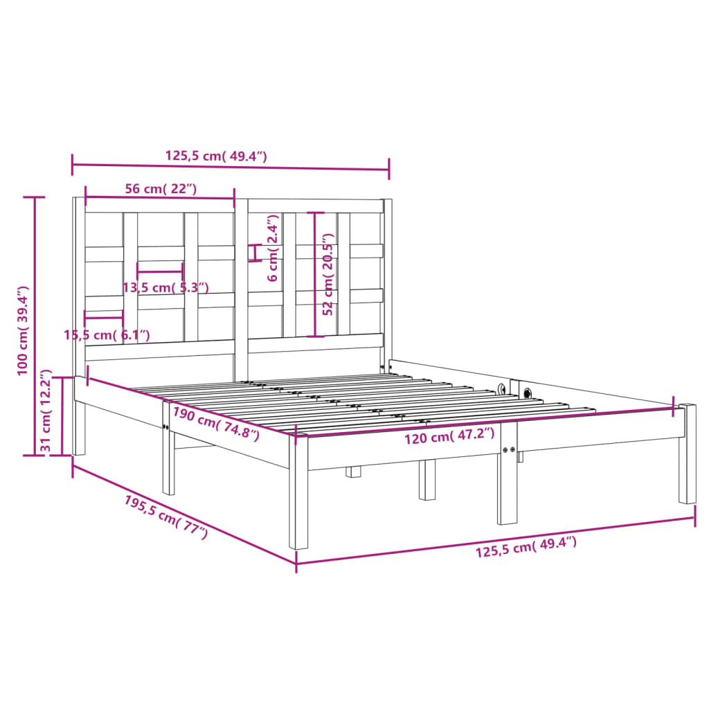 vidaXL Cadre de lit bois massif 120x190 cm petit double