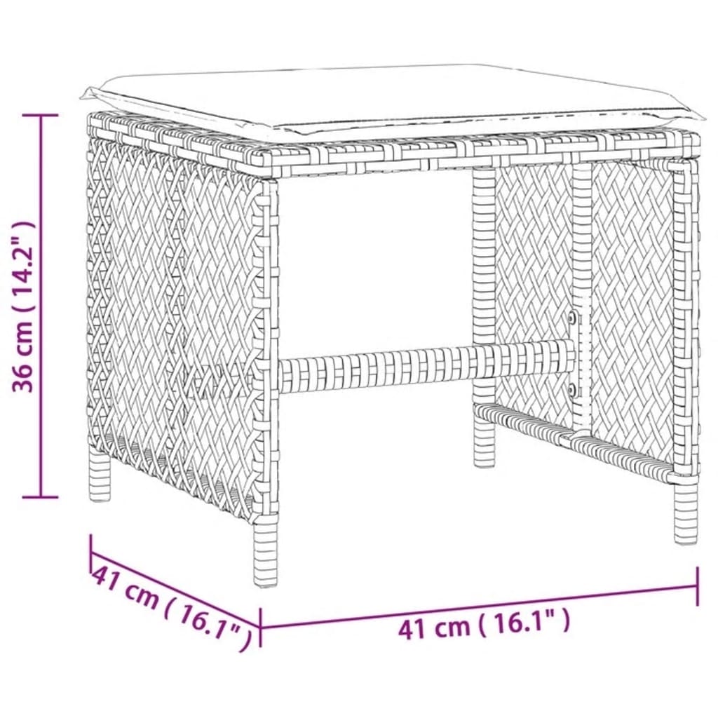 vidaXL Tabourets de jardin et coussins lot de 4 gris 41x41x36 cm rotin