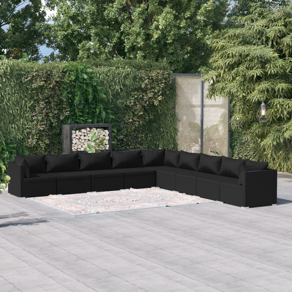 vidaXL Salon de jardin 9 pcs avec coussins Résine tressée Noir