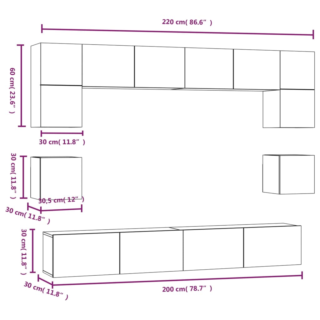 vidaXL Ensemble de meubles TV 8 pcs Gris béton Bois d'ingénierie