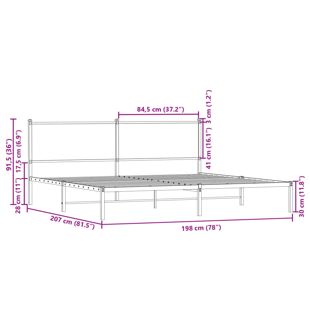 vidaXL Cadre de lit en métal sans matelas chêne marron 193x203 cm