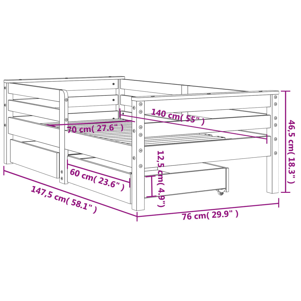 vidaXL Cadre de lit enfant avec tiroirs 70x140 cm bois de pin massif