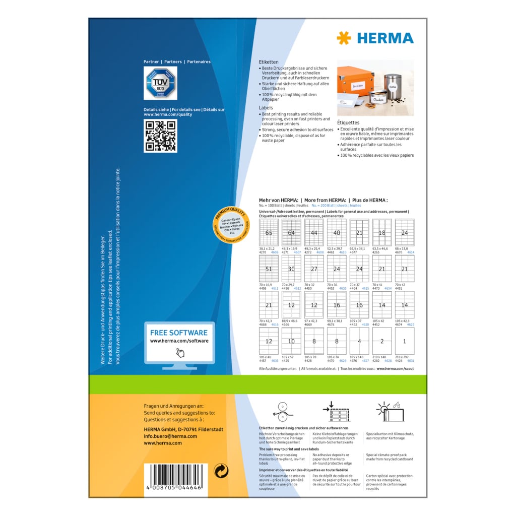 HERMA Étiquettes permanentes PREMIUM A4 70x37 mm 100 Feuilles