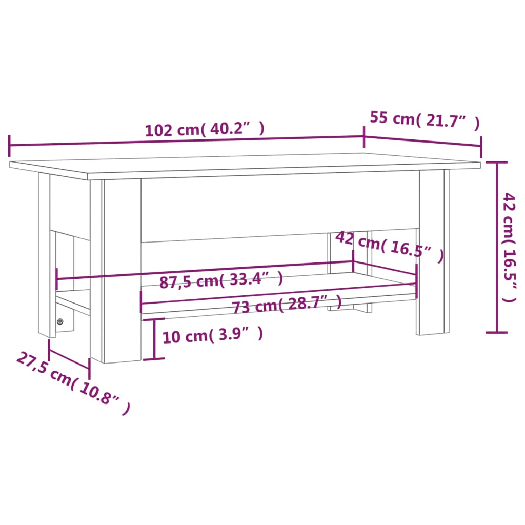 vidaXL Table basse gris béton 102x55x42 cm bois d'ingénierie