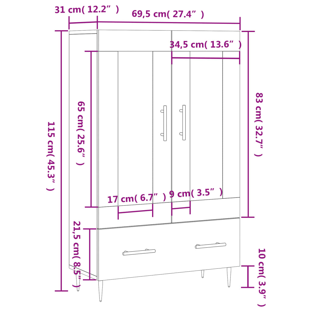 vidaXL Buffet haut chêne sonoma 69,5x31x115 cm bois d'ingénierie