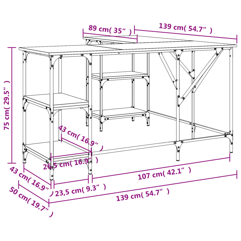 vidaXL Bureau chêne fumé 139x139x75 cm bois d'ingénierie