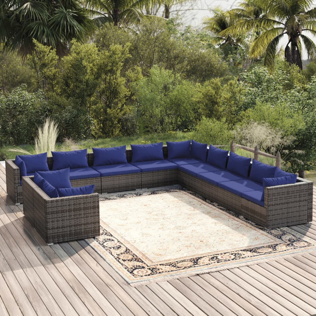 vidaXL Salon de jardin 11 pcs avec coussins Gris Résine tressée