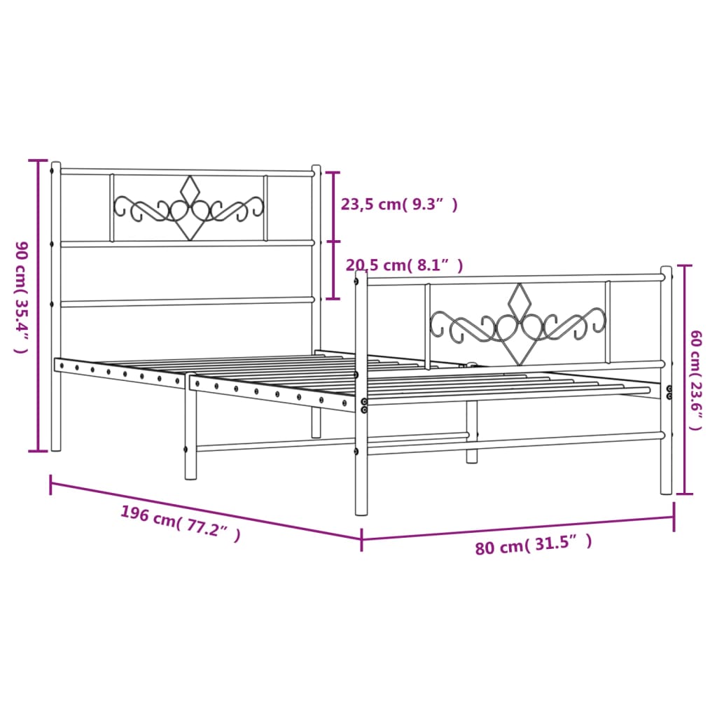 vidaXL Cadre de lit métal sans matelas avec pied de lit blanc 75x190cm