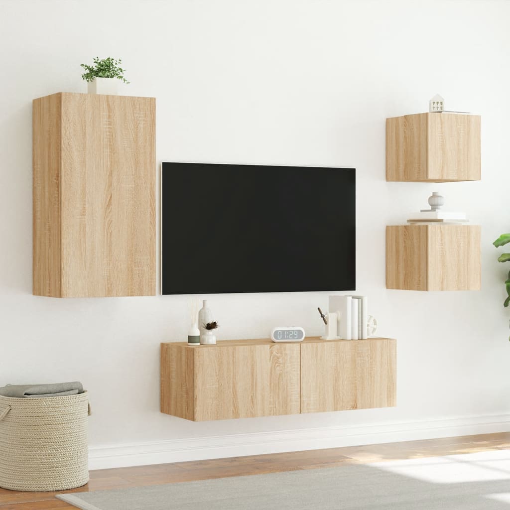 vidaXL Meuble TV muraux 4 pcs avec lumières LED chêne sonoma