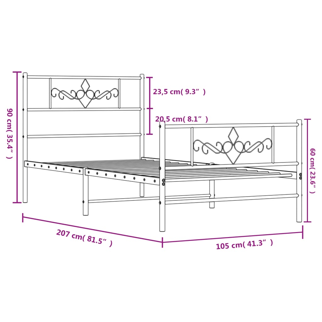 vidaXL Cadre de lit métal sans matelas et pied de lit blanc 100x200 cm