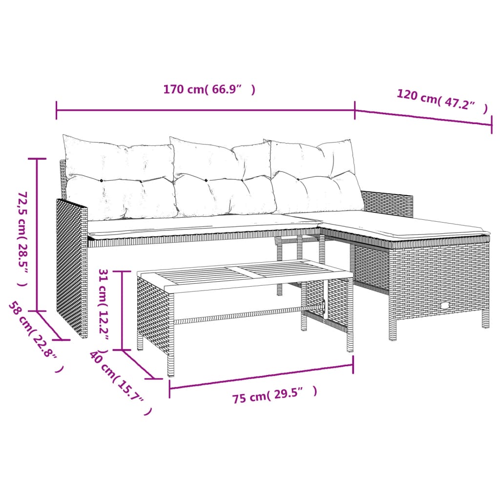 vidaXL Canapé de jardin avec table et coussins en forme de L gris