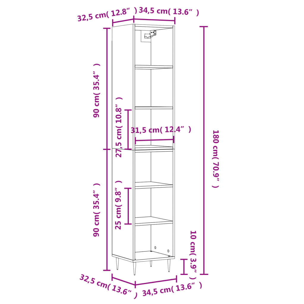 vidaXL Buffet haut Chêne sonoma 34,5x32,5x180 cm Bois d'ingénierie