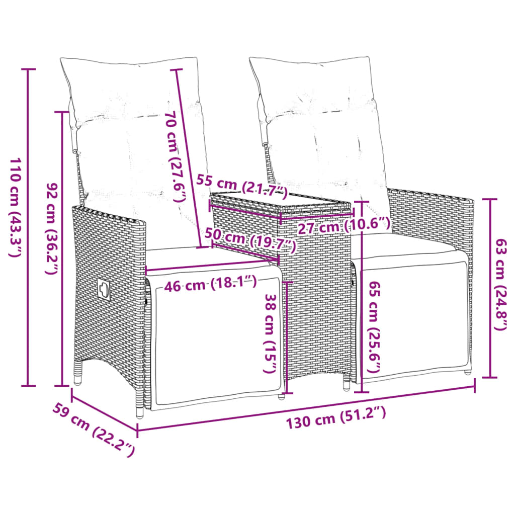 vidaXL Canapé de jardin inclinable 2 places avec table beige rotin