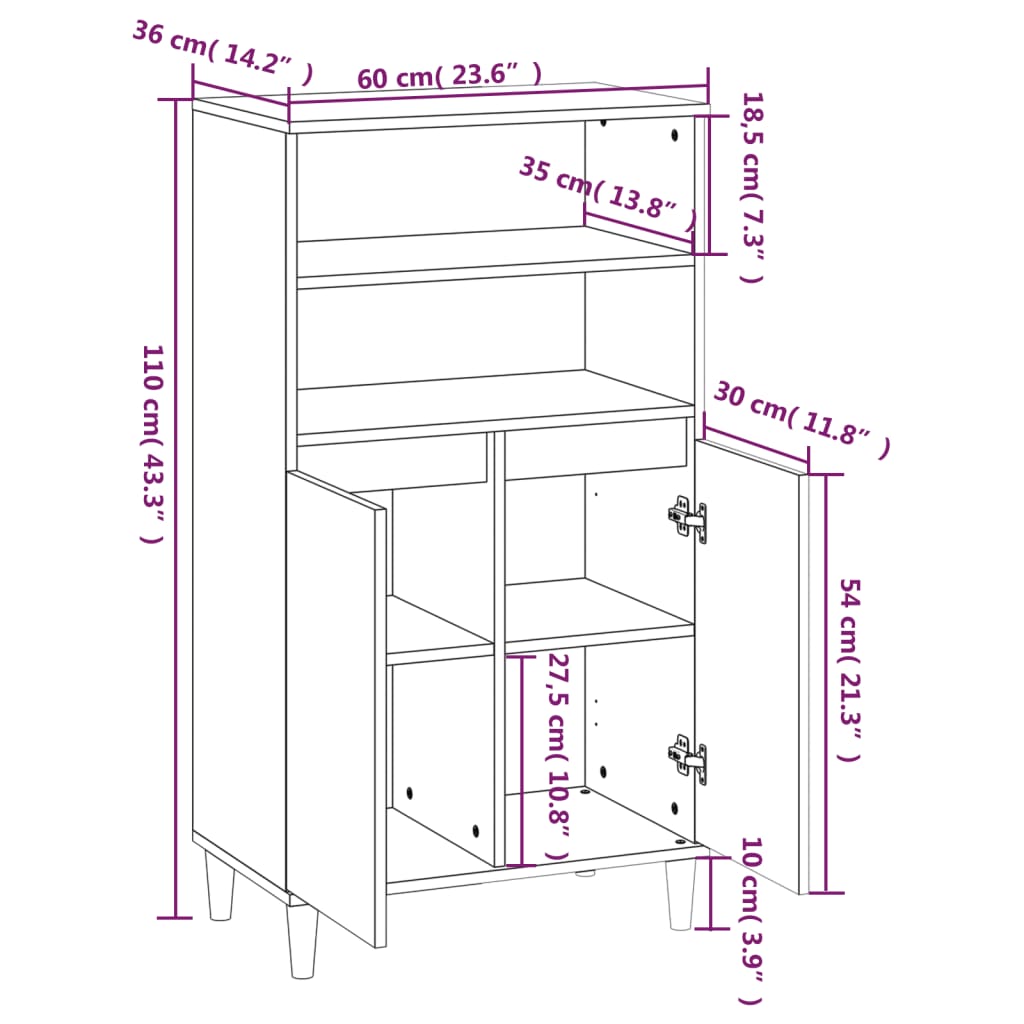 vidaXL Buffet haut Blanc 60x36x110 cm Bois d'ingénierie