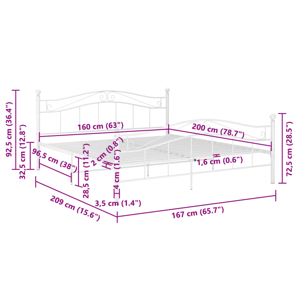 vidaXL Cadre de lit sans matelas blanc métal 160x200 cm