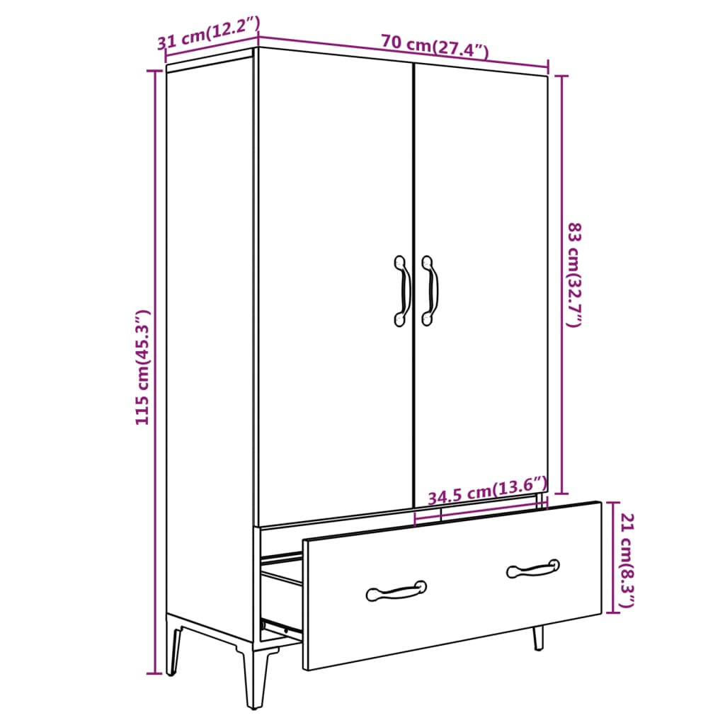 vidaXL Buffet haut Gris béton 70x31x115 cm Bois d'ingénierie