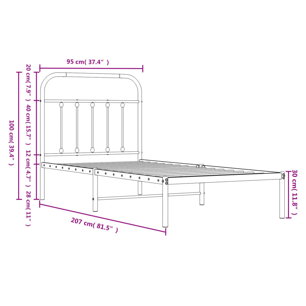 vidaXL Cadre de lit métal sans matelas avec tête de lit noir 90x200 cm