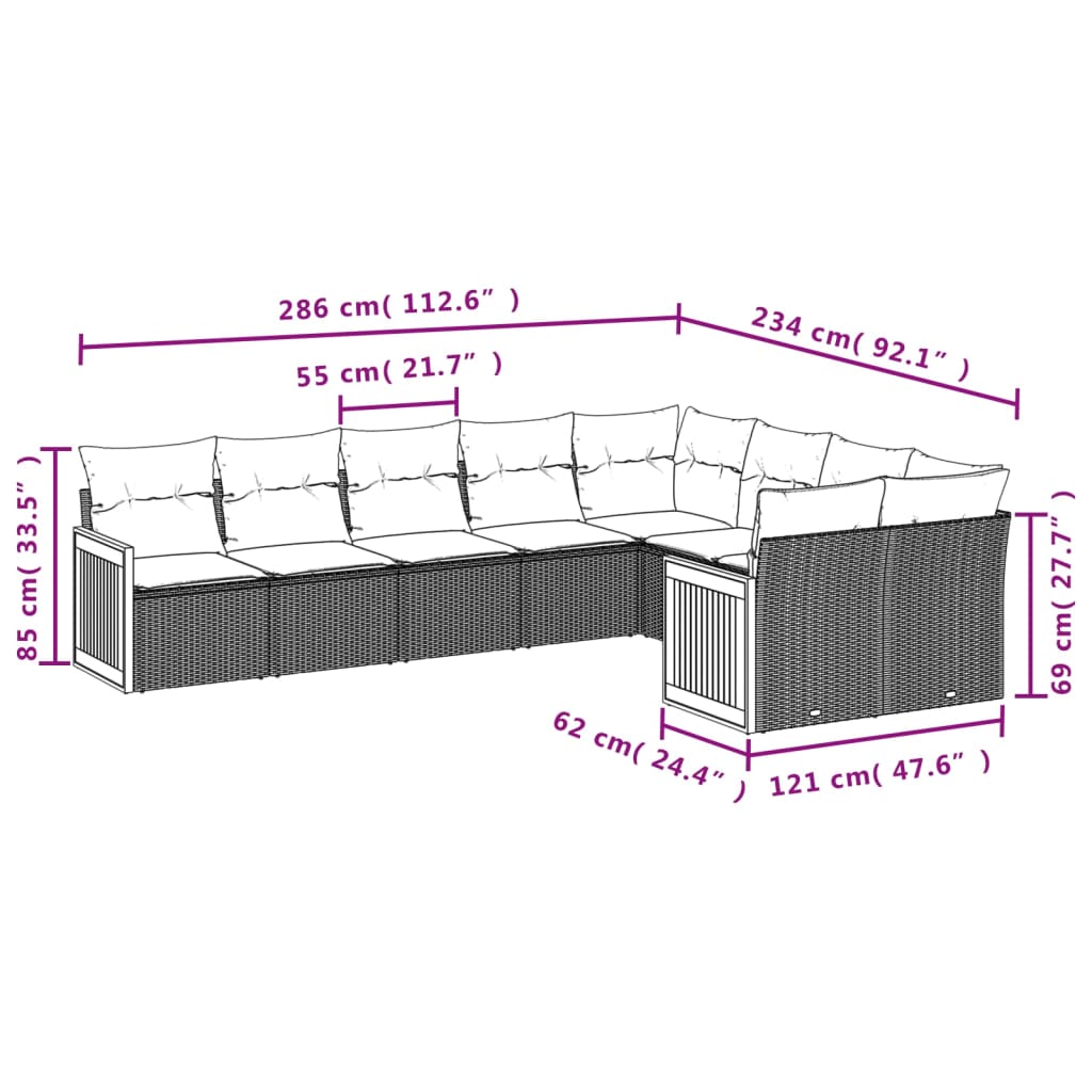 vidaXL Salon de jardin avec coussins 9 pcs beige résine tressée