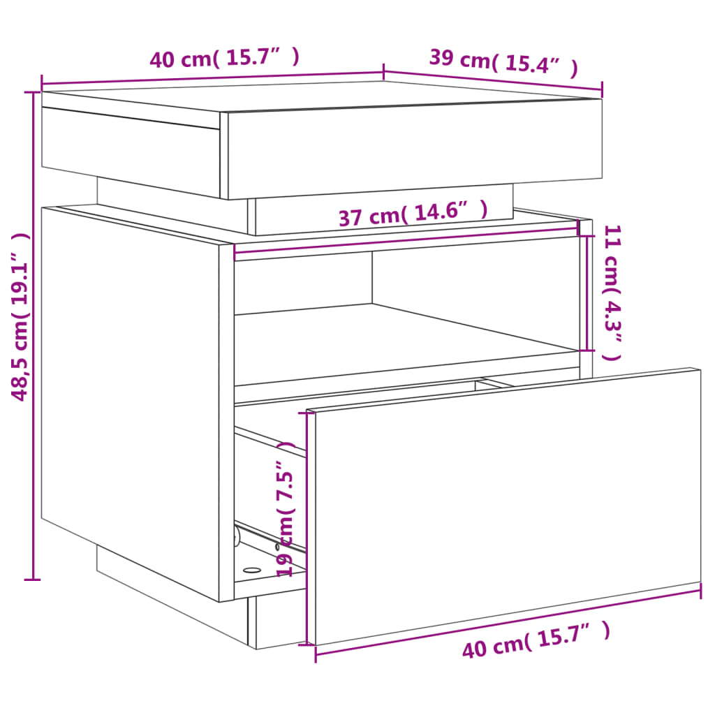 vidaXL Armoire de chevet avec lumières LED gris béton 40x39x48,5 cm