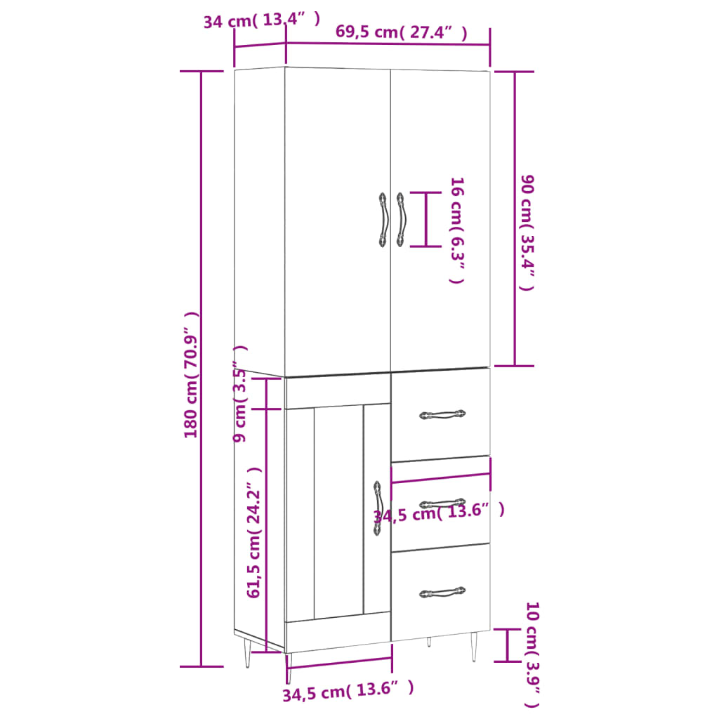 vidaXL Buffet haut Gris béton 69,5x34x180 cm Bois d'ingénierie