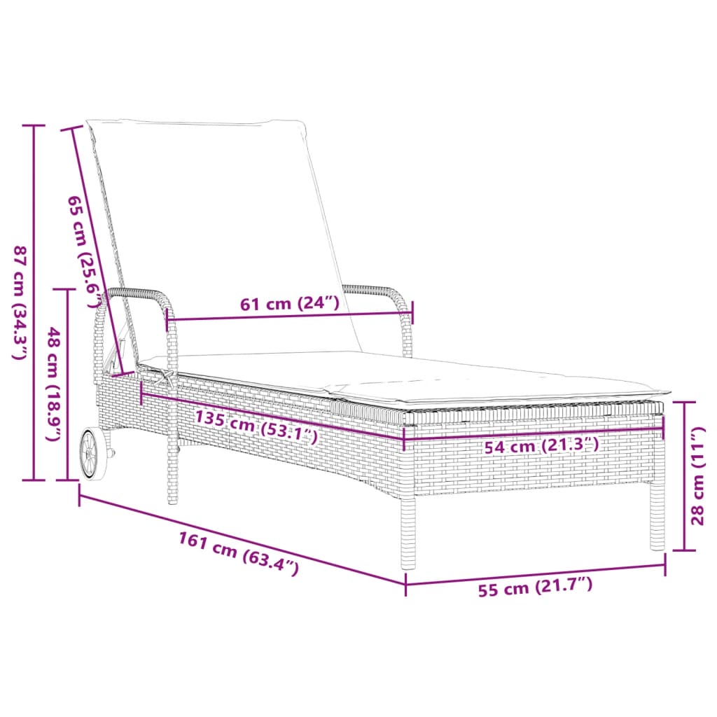 vidaXL Chaise longue avec roues et coussin beige résine tressée