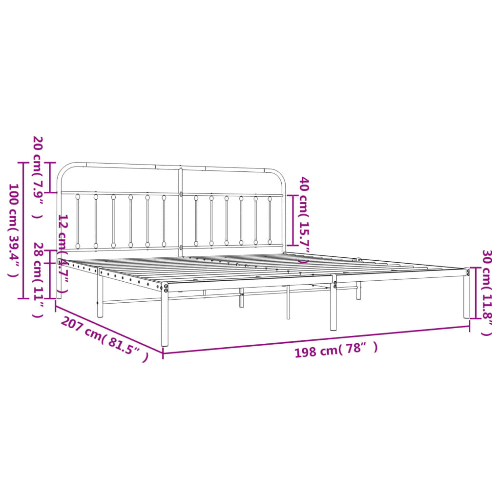 vidaXL Cadre de lit métal sans matelas avec tête de lit noir 193x203cm