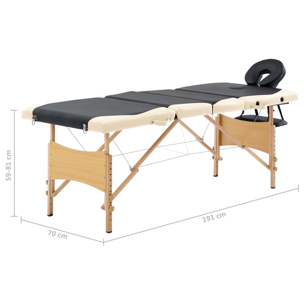 vidaXL Table de massage pliable 4 zones Bois Noir et beige
