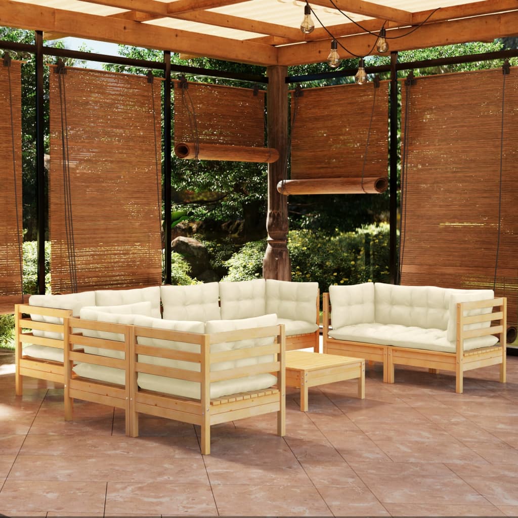 vidaXL Salon de jardin 9 pcs avec coussins crème bois de pin massif