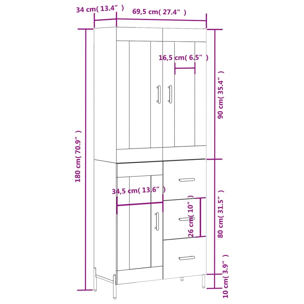 vidaXL Buffet haut Chêne sonoma 69,5x34x180 cm Bois d'ingénierie