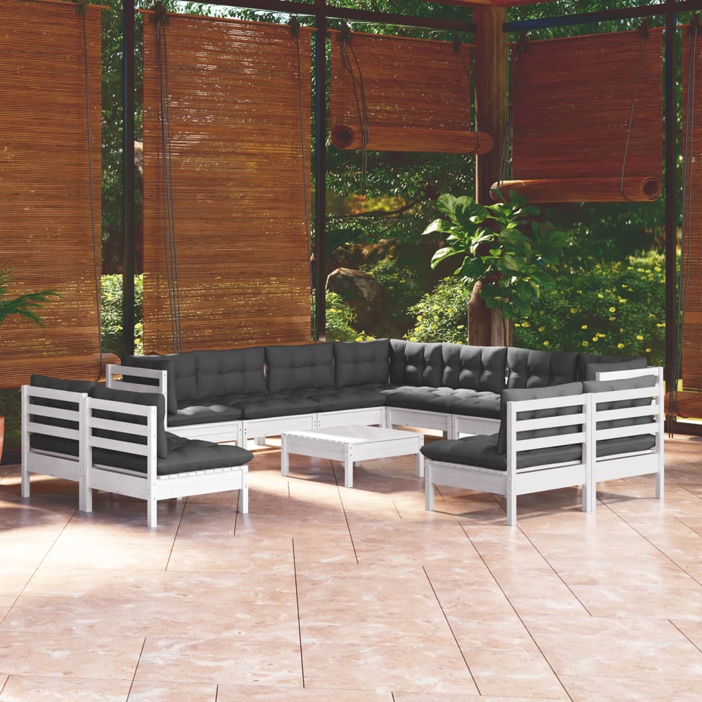 vidaXL Salon de jardin 12 pcs avec coussins blanc bois de pin solide