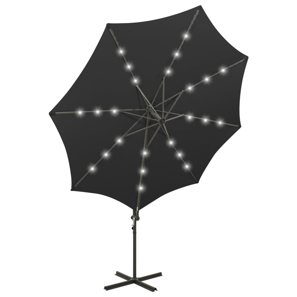 vidaXL Parasol de jardin en porte-à-faux et mât et lumières LED noir