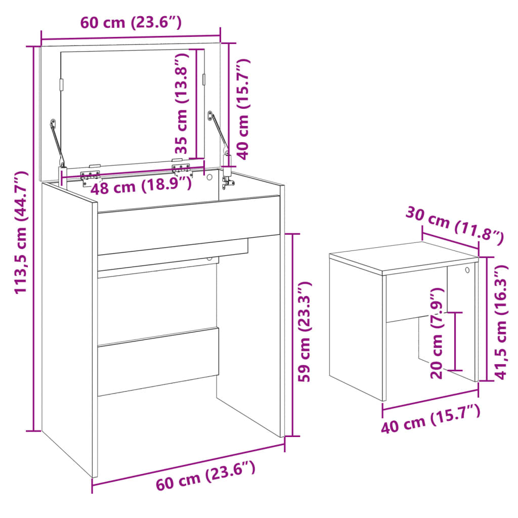 vidaXL Coiffeuse et tabouret blanc 60x40x113,5 cm