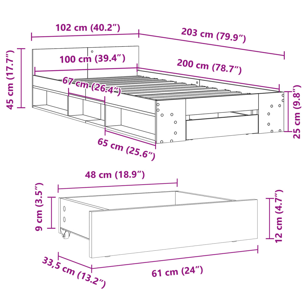 vidaXL Cadre de lit et tiroir sonoma gris 100x200 cm bois d'ingénierie