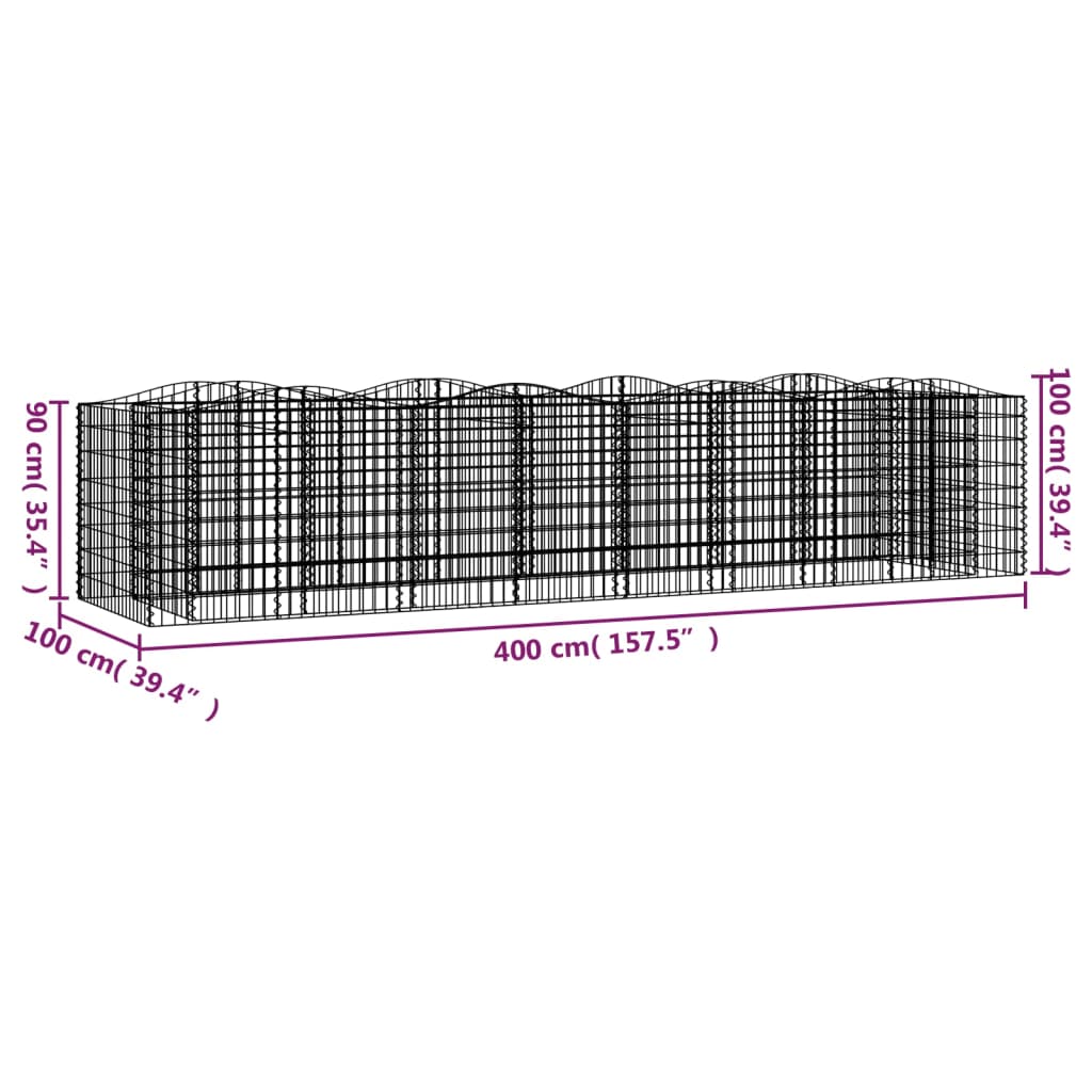 vidaXL Lit surélevé à gabions arqué 400x100x100 cm Fer galvanisé