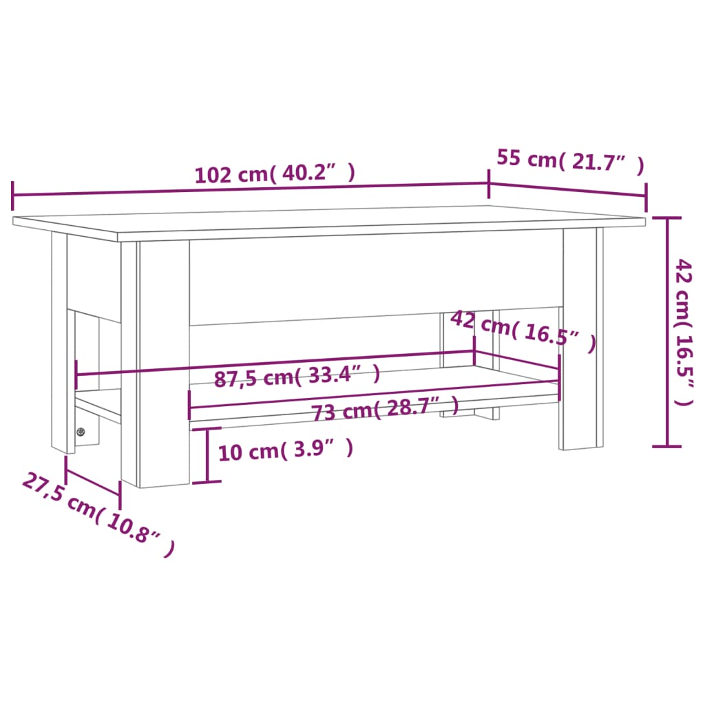 vidaXL Table basse chêne sonoma 102x55x42 cm bois d'ingénierie
